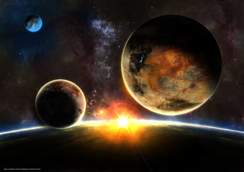 Planets in Space — Black, Dramatic, Sunrise, Digital Art