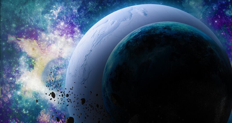 Planets in Space — Blue, Cosmic, Digital Art, Asteroids, Nebula