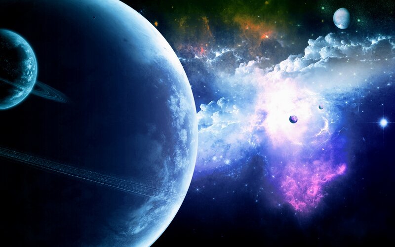 Planets in Space — Blue, Cosmic, Digital Art, Nebula