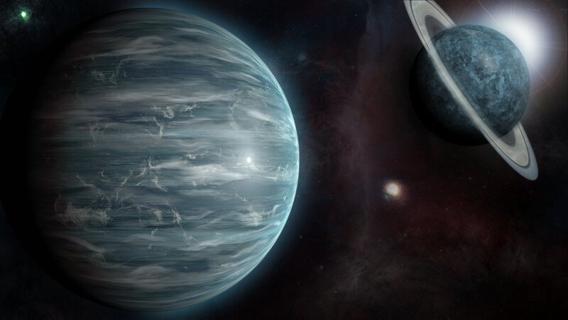 Planets in Space — Blue, Cosmic, Digital Art, Planet