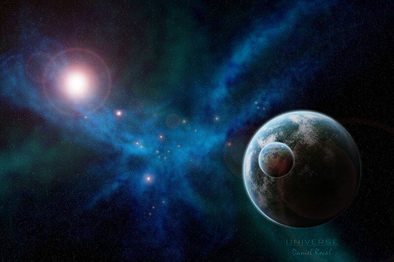 Planets in Space — Blue, Cosmic, Digital Art, Star
