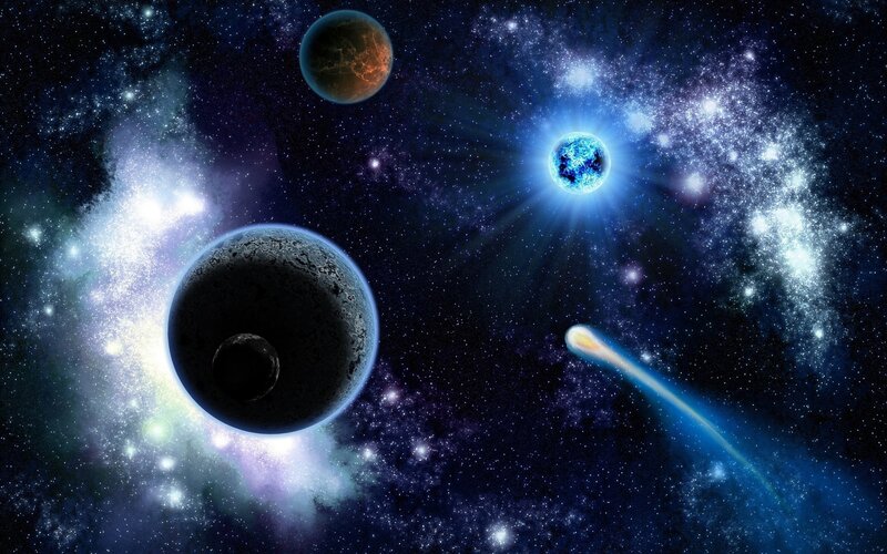 Planets in Space — Blue, Cosmic, Digital Art, Stars, Comet, Nebula