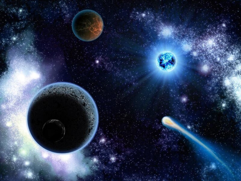Planets in Space — Blue, Cosmic, Digital Art, Stars, Comet