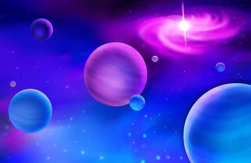 Planets in Space — Blue, Cosmic, Digital Art, Stars, Galaxy, Planet