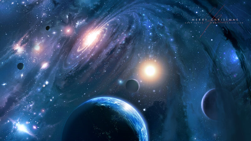 Planets in Space — Blue, Cosmic, Digital Art, Stars, Galaxy, Sun