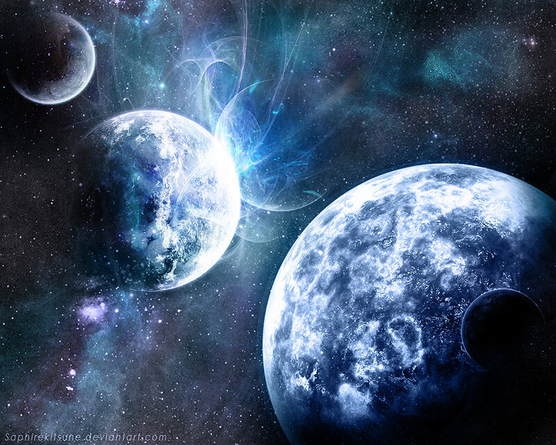 Planets in Space — Blue, Cosmic, Digital Art, Stars, Nebula, Moon