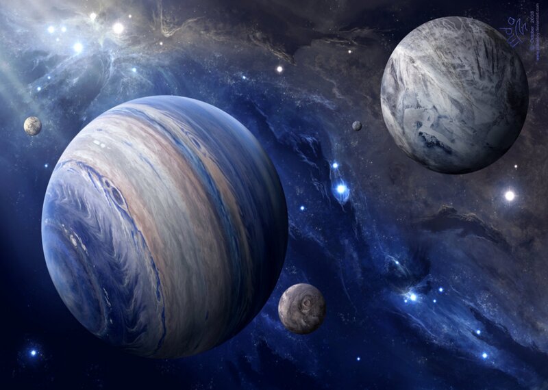 Planets in Space — Blue, Cosmic, Digital Art, Stars, Nebula, Moons, Black, White