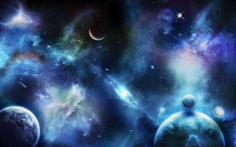 Planets in Space — Blue, Cosmic, Digital Art, Stars, Nebula, Planet, Purple, Black