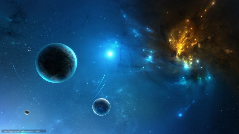 Planets in Space — Blue, Cosmic, Digital Art, Stars, Nebula, Spacecraft