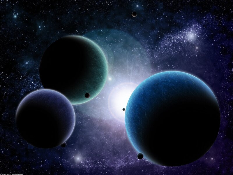 Planets in Space — Blue, Cosmic, Digital Art, Stars, Nebula, Sun