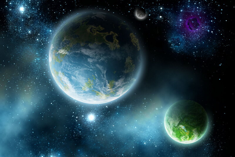 Planets in Space — Blue, Cosmic, Digital Art
