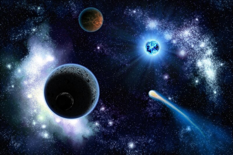 Planets in Space — Blue, Cosmic, Night, Digital Art, Stars, Comet