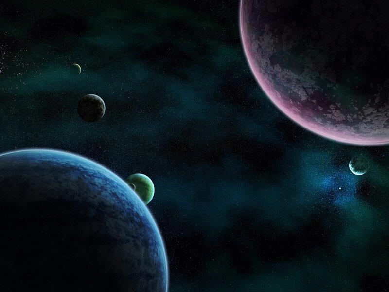 Planets in Space — Blue, Cosmic, Night, Digital Art, Stars, Nebula, Moons, Black, Purple