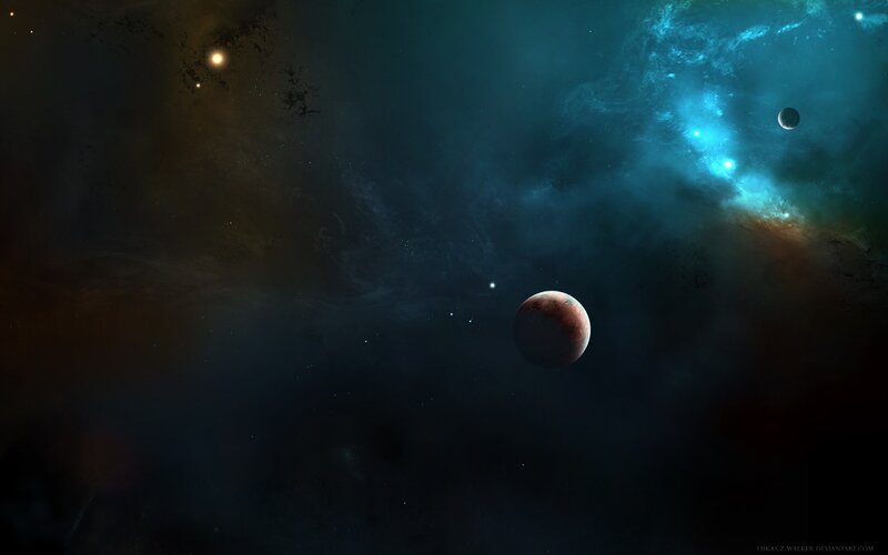 Planets in Space — Blue, Cosmic, Night, Digital Art, Stars, Nebula, Planet, Black, Brown
