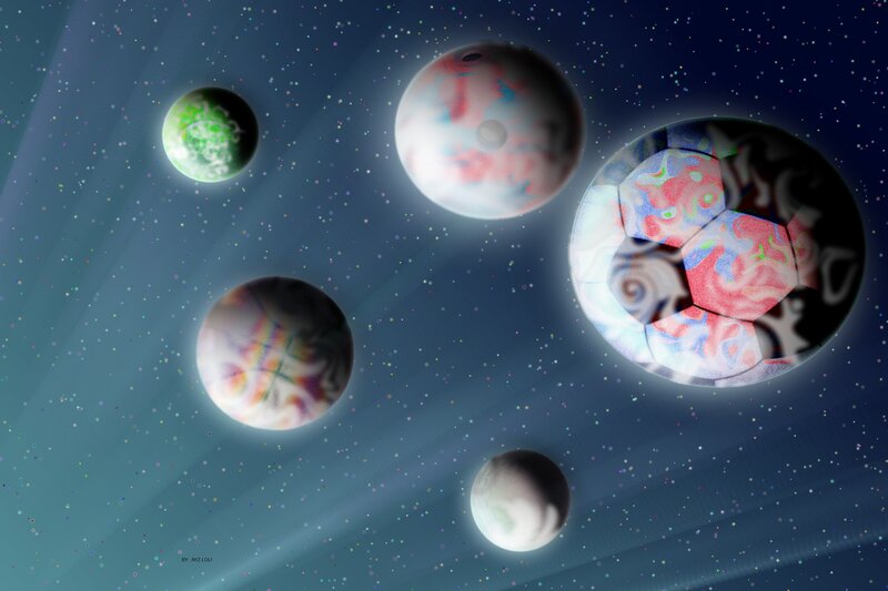 Planets in Space — Blue, Cosmic, Night, Digital Art, Stars, Soccer Ball
