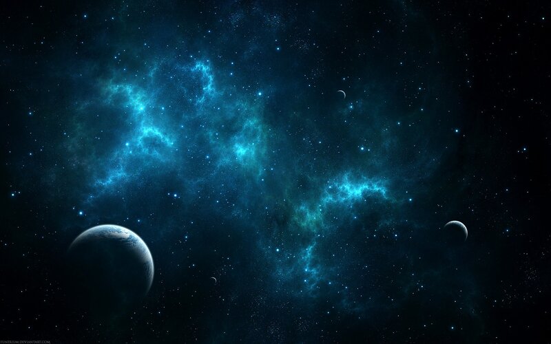 Planets in Space — Blue, Cosmic, Night, Digital Art, Stars