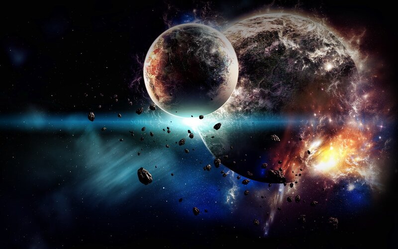 Planets in Space — Blue, Dramatic, Digital Art, Asteroids, Nebula, Stars, Black, Orange