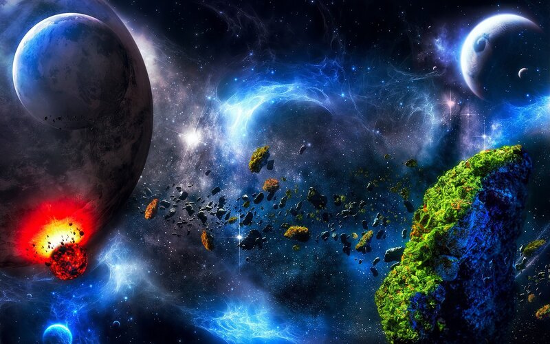 Planets in Space — Blue, Dramatic, Digital Art, Asteroids, Nebula, Stars, Planet