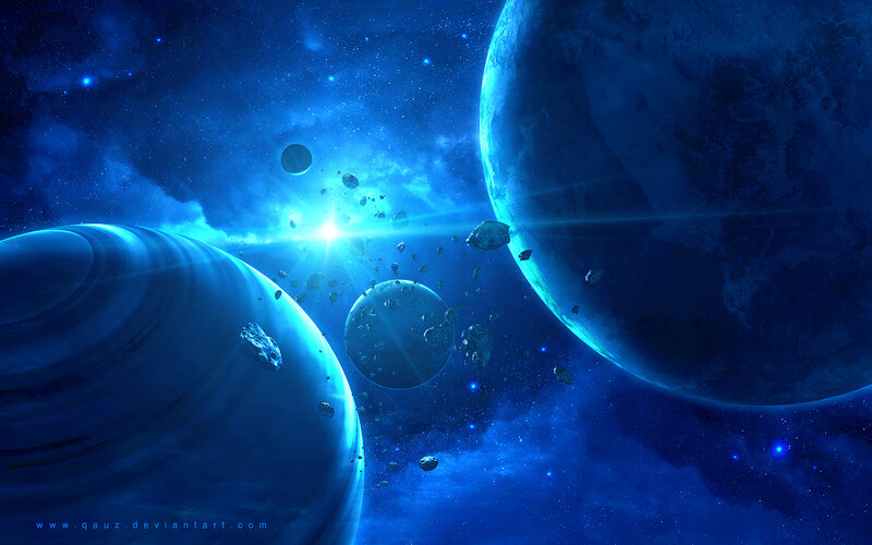 Planets in Space — Blue, Dramatic, Digital Art, Asteroids, Stars, Nebula