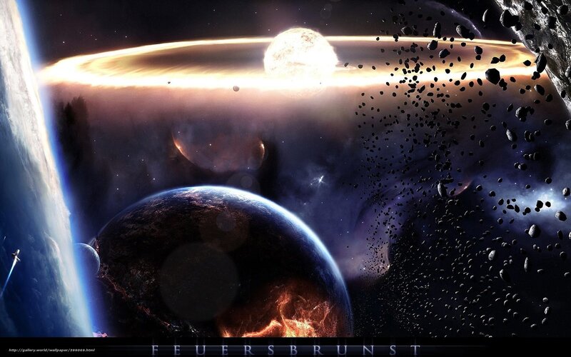 Planets in Space — Blue, Dramatic, Digital Art, Asteroids, Sun