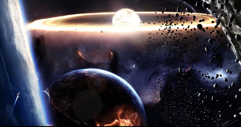 Planets in Space — Blue, Dramatic, Digital Art, Asteroids