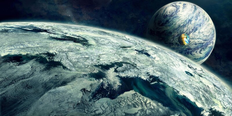 Planets in Space — Blue, Dramatic, Digital Art, Clouds