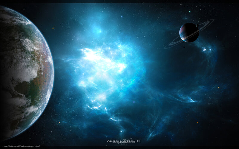 Planets in Space — Blue, Dramatic, Digital Art, Earth, Ringed Planet