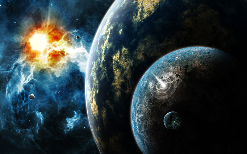 Planets in Space — Blue, Dramatic, Digital Art, Explosion, Asteroid