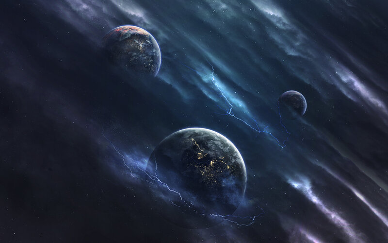 Planets in Space — Blue, Dramatic, Digital Art, Lightning