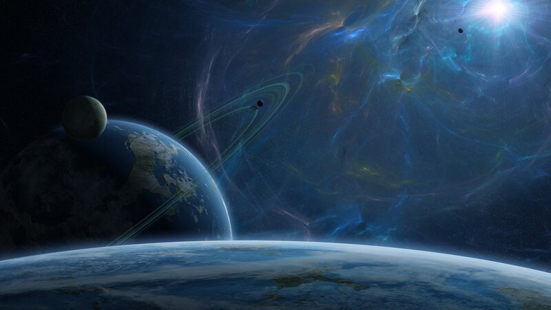 Planets in Space — Blue, Dramatic, Digital Art, Moon, Ringed Planet