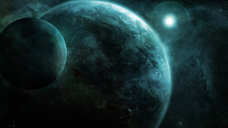 Planets in Space — Blue, Dramatic, Digital Art, Moon, Star, Nebula