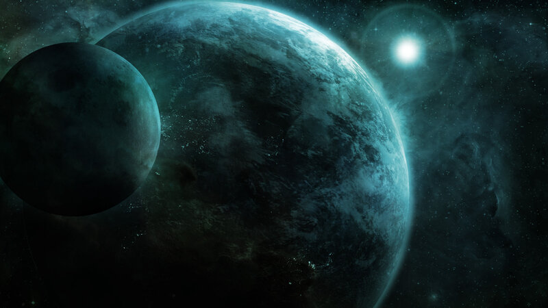 Planets in Space — Blue, Dramatic, Digital Art, Moon, Star