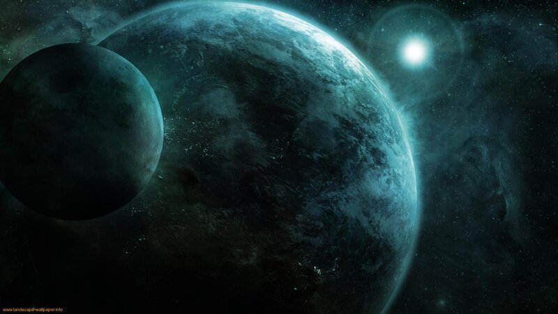 Planets in Space — Blue, Dramatic, Digital Art, Moon