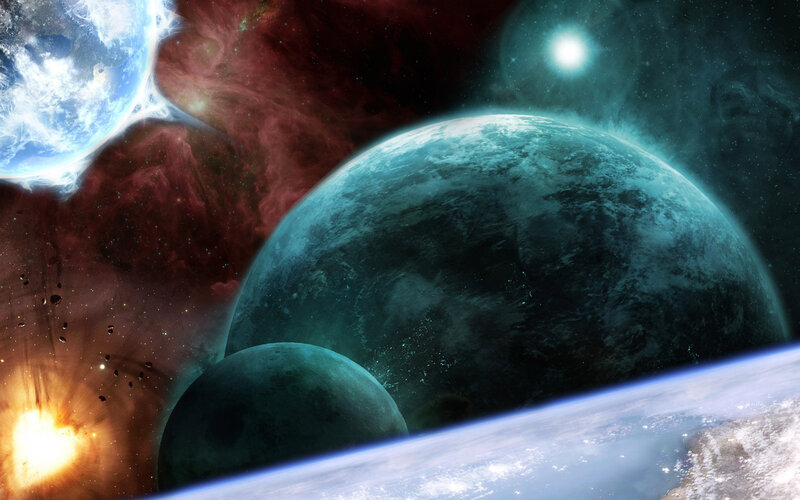 Planets in Space — Blue, Dramatic, Digital Art, Nebula