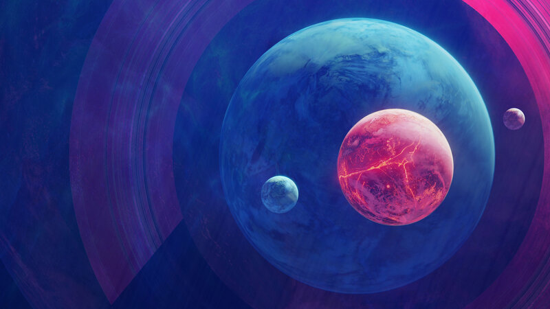 Planets in Space — Blue, Dramatic, Digital Art, Planet, Moon, Rings