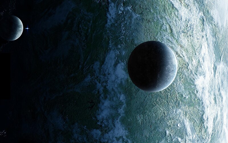 Planets in Space — Blue, Dramatic, Digital Art, Planet, Moon, Star
