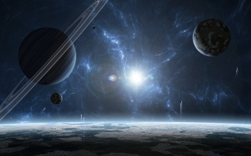Planets in Space — Blue, Dramatic, Digital Art, Planet, Ringed Planet