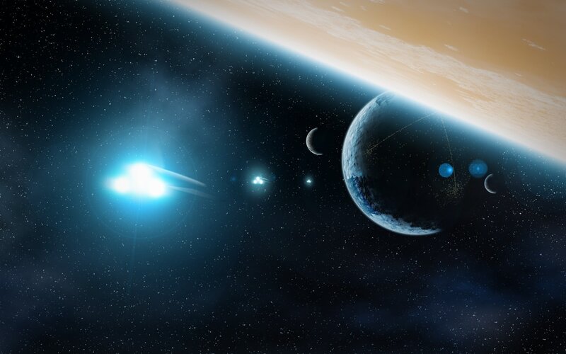 Planets in Space — Blue, Dramatic, Digital Art, Star, Moon