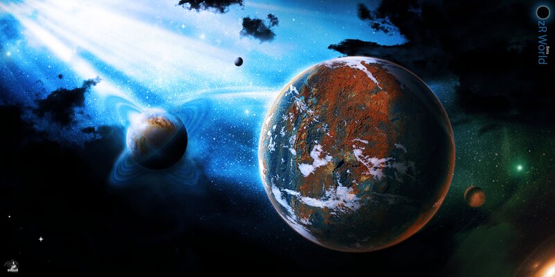 Planets in Space — Blue, Dramatic, Digital Art, Stars, Clouds, Moons