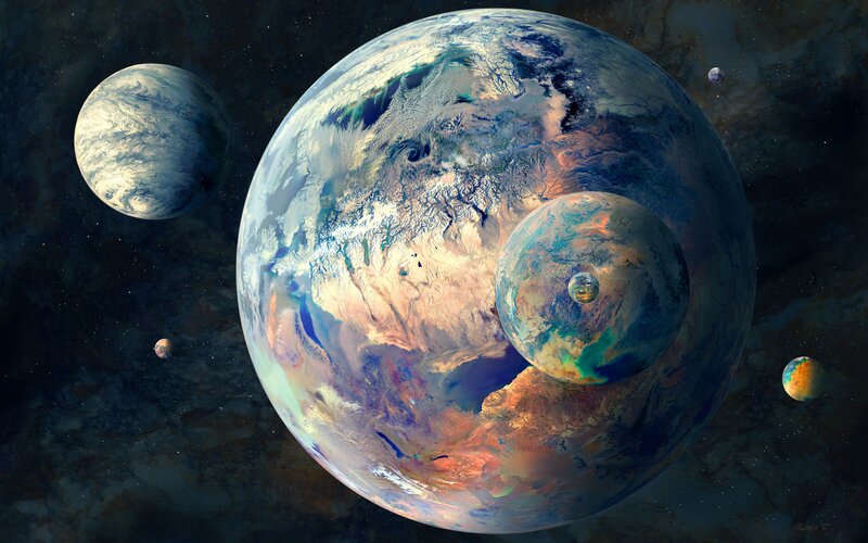 Planets in Space — Blue, Dramatic, Digital Art, Stars, Clouds, White
