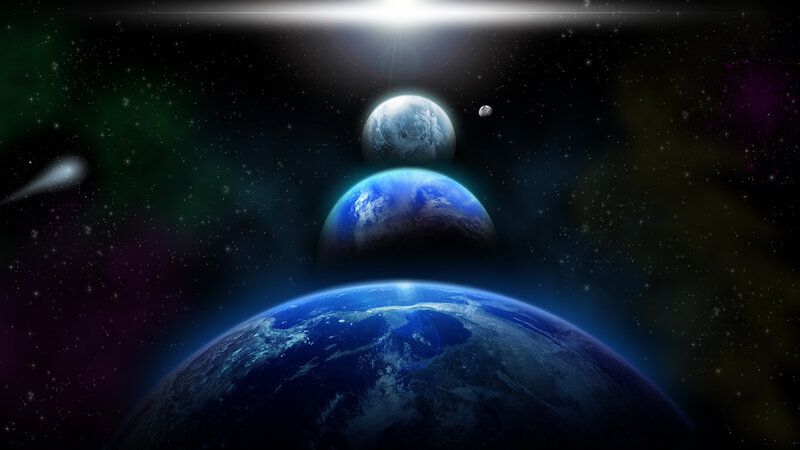 Planets in Space — Blue, Dramatic, Digital Art, Stars, Comet, Moon