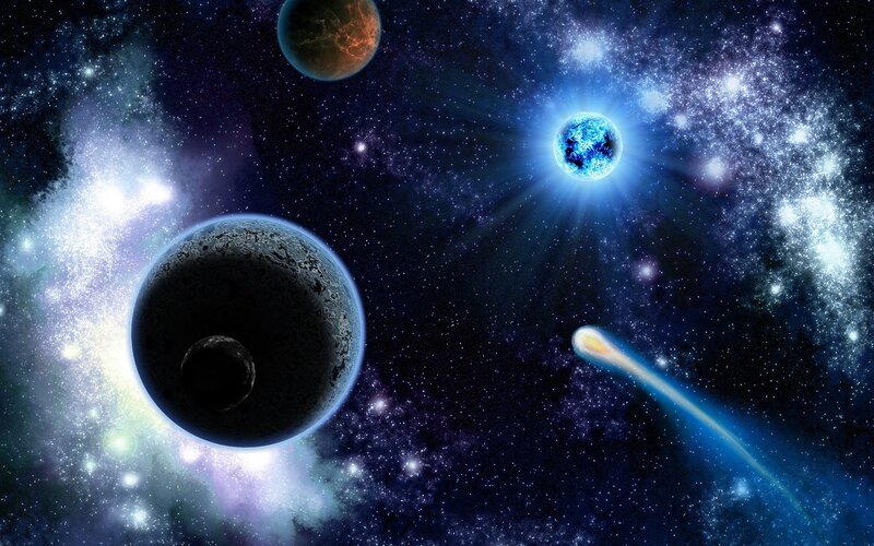 Planets in Space — Blue, Dramatic, Digital Art, Stars, Comet, Nebula