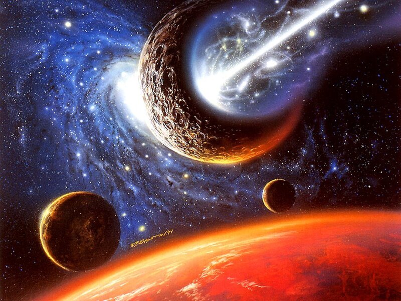 Planets in Space — Blue, Dramatic, Digital Art, Stars, Comet