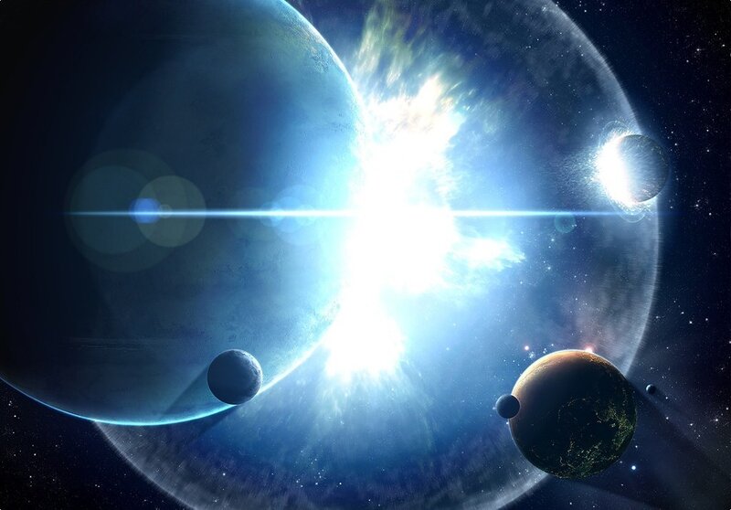 Planets in Space — Blue, Dramatic, Digital Art, Stars, Explosion, Moons, Black