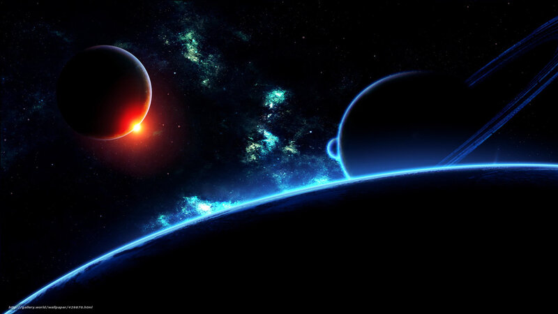 Planets in Space — Blue, Dramatic, Digital Art, Stars, Galaxy, Rings
