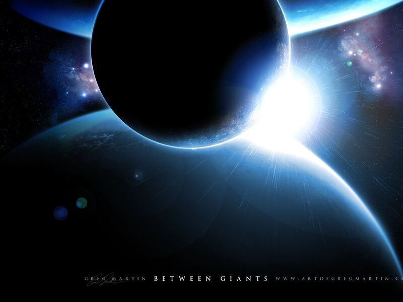 Planets in Space — Blue, Dramatic, Digital Art, Stars, Galaxy, Sun, Black