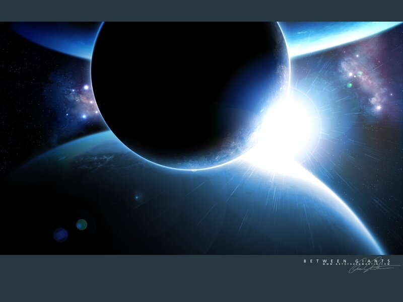 Planets in Space — Blue, Dramatic, Digital Art, Stars, Galaxy, Sun