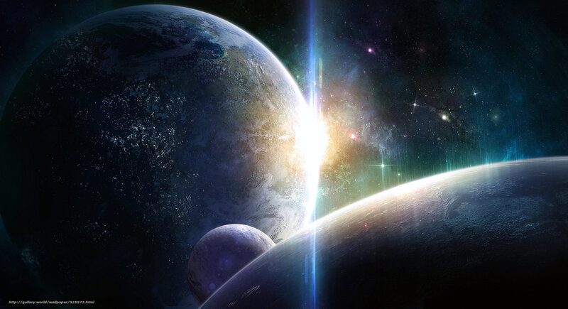 Planets in Space — Blue, Dramatic, Digital Art, Stars, Galaxy, Sunlight