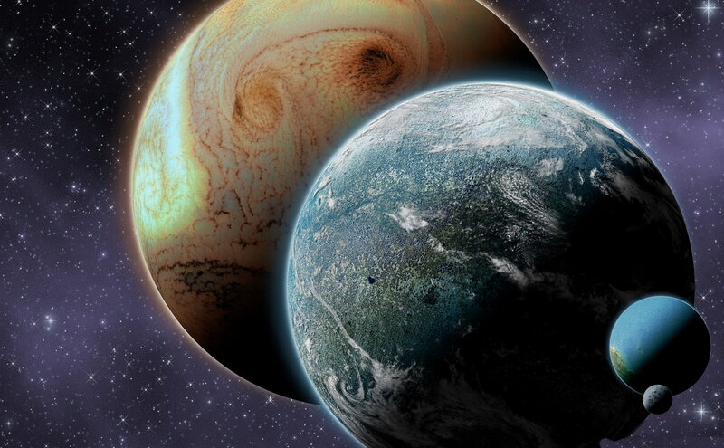 Planets in Space — Blue, Dramatic, Digital Art, Stars, Gas Giant
