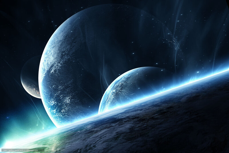 Planets in Space — Blue, Dramatic, Digital Art, Stars, Light Rays